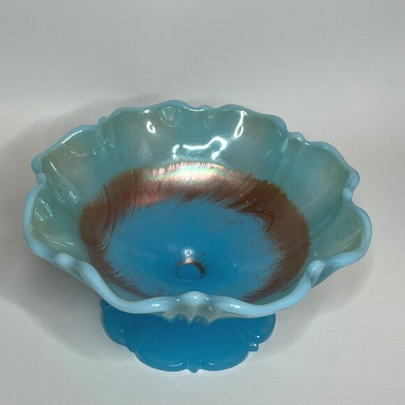Turquoise/Blue Footed Glass Shallow Ruffled Edge Vintage Bowl - Picture 7 of 10